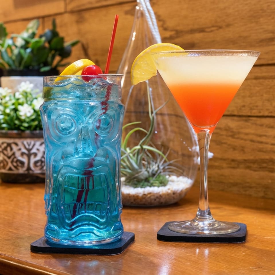 Blue tiki cocktail and layered orange martini garnished with lemon and cherry on a wooden restaurant table.
