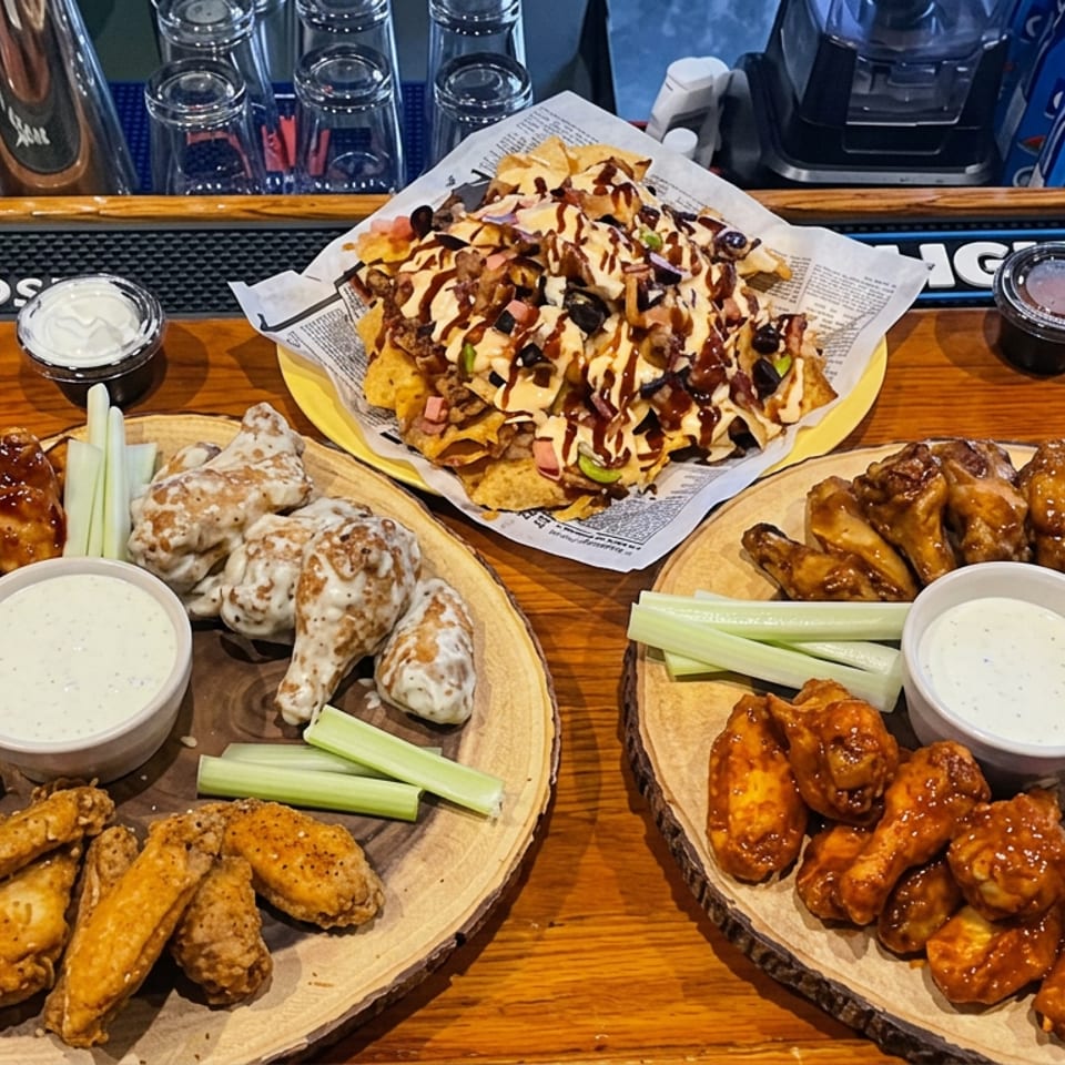 Assorted sauced chicken wings with celery and ranch dip surround loaded nachos on wooden serving boards at a restaurant bar.
