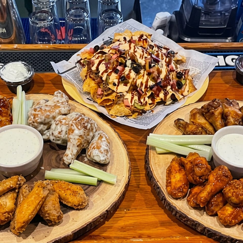 Assorted sauced chicken wings, celery, dipping sauces, and loaded nachos arranged on wooden serving boards at a bar.
