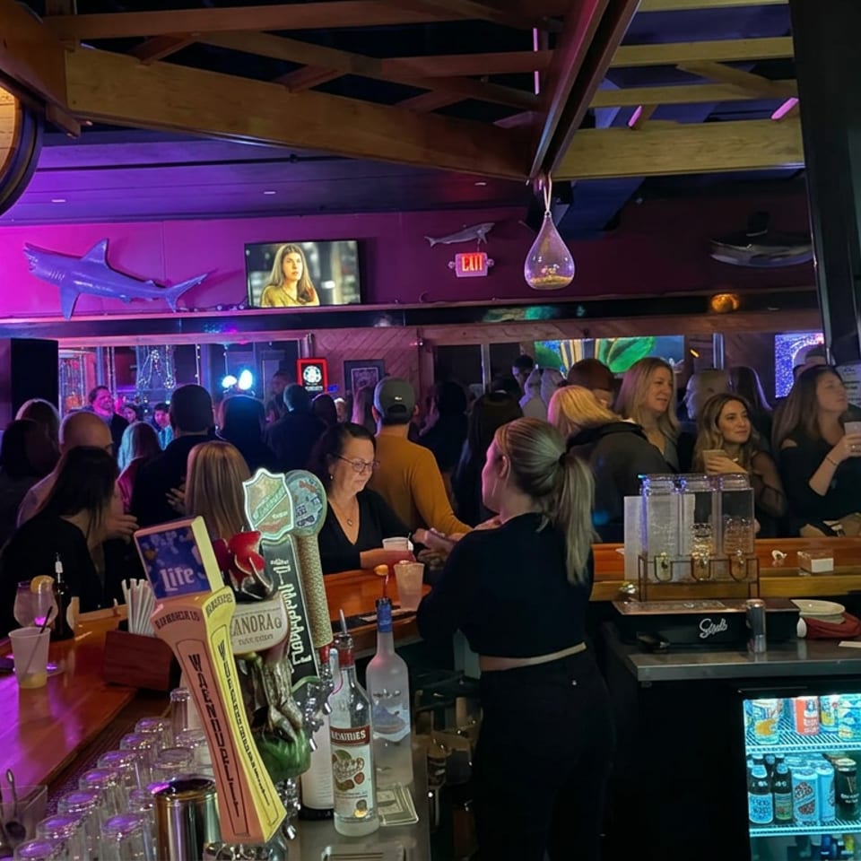 Lively crowded bar with patrons gathered around a wooden counter, colorful purple lighting, beer taps, liquor bottles, and nautical decor.