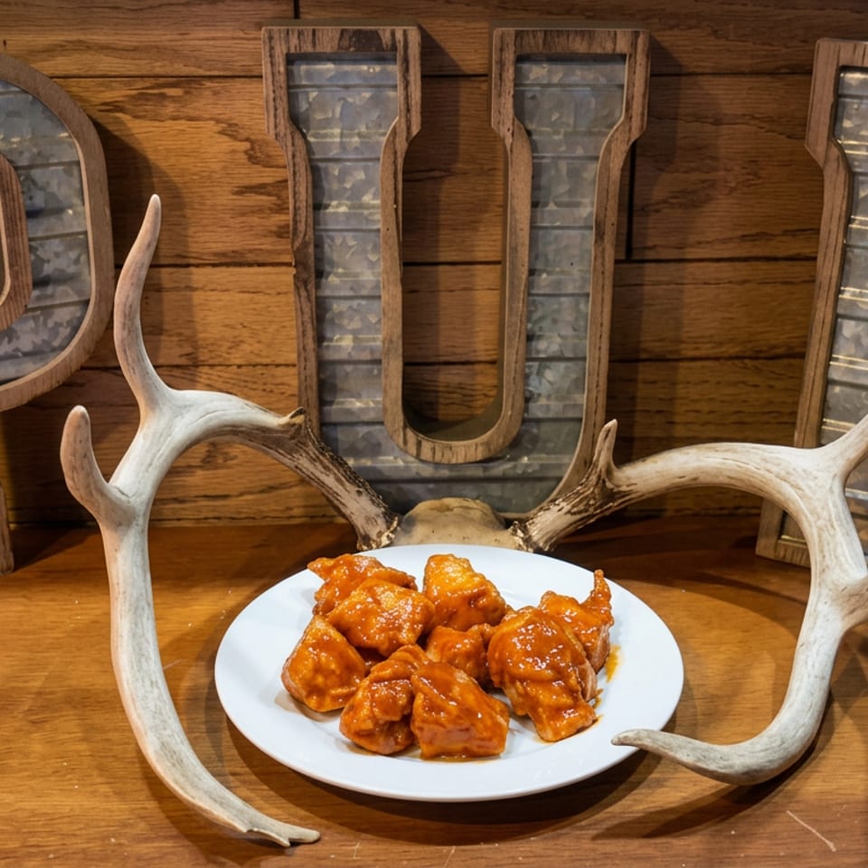 Plate of glazed fried chicken wings framed by antlers beneath rustic metal letters spelling PUB.