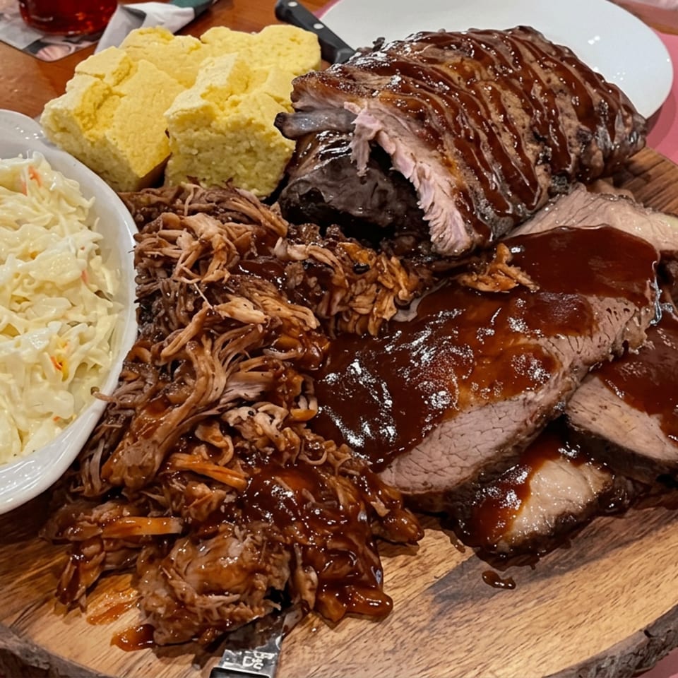 Barbecue platter with sauced ribs, sliced brisket, pulled pork, creamy coleslaw, and cornbread on a wooden serving board.