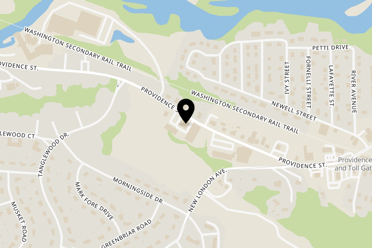 Map showing the location of Boomerangs Roadhouse on 293 Providence St in West Warwick